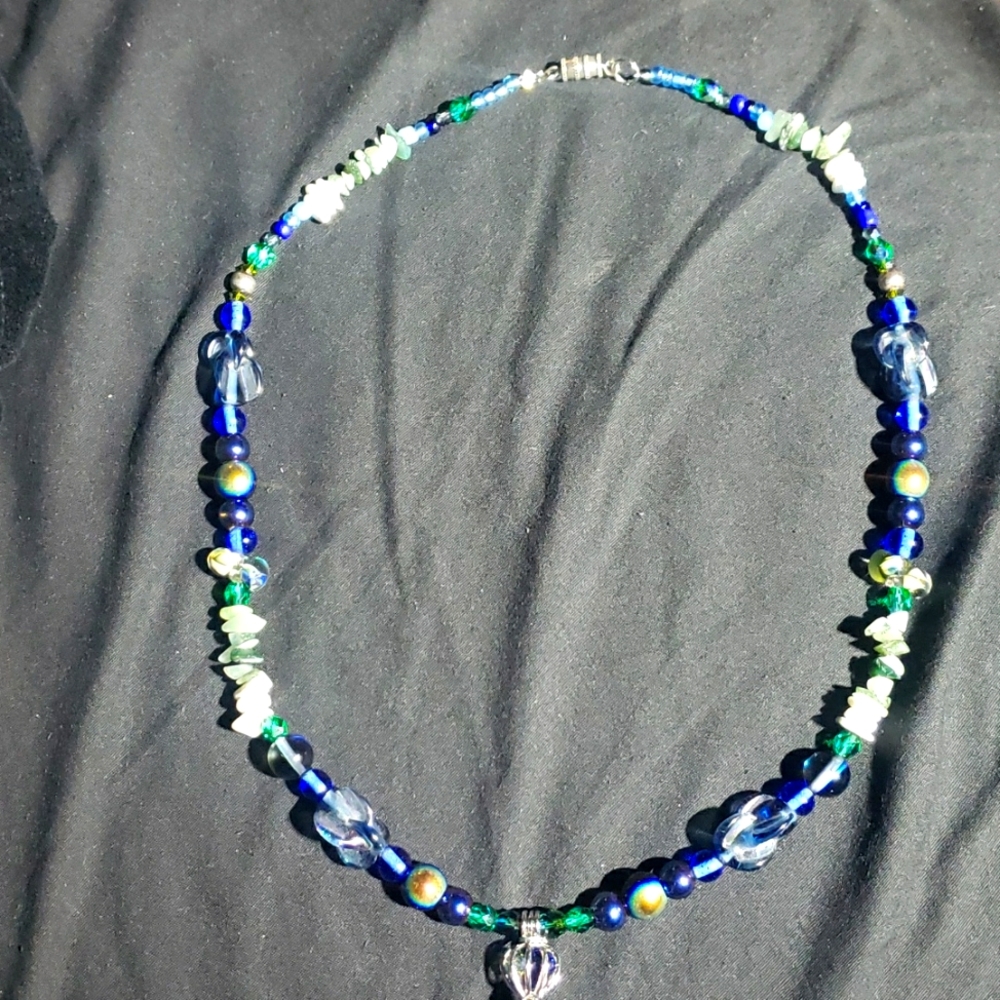 Handmade semi precious stone and vintage glass necklace
